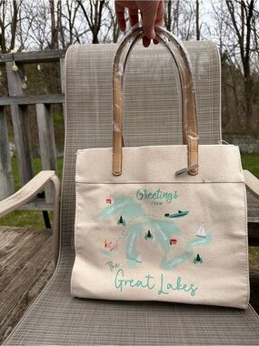 Canvas Tote & Wristlet Clutch in Cream and Brown Greetings from the Great Lakes